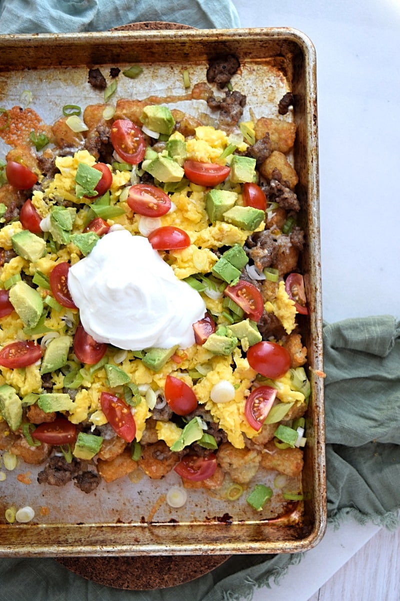 An overhead view of totchos on a pan
