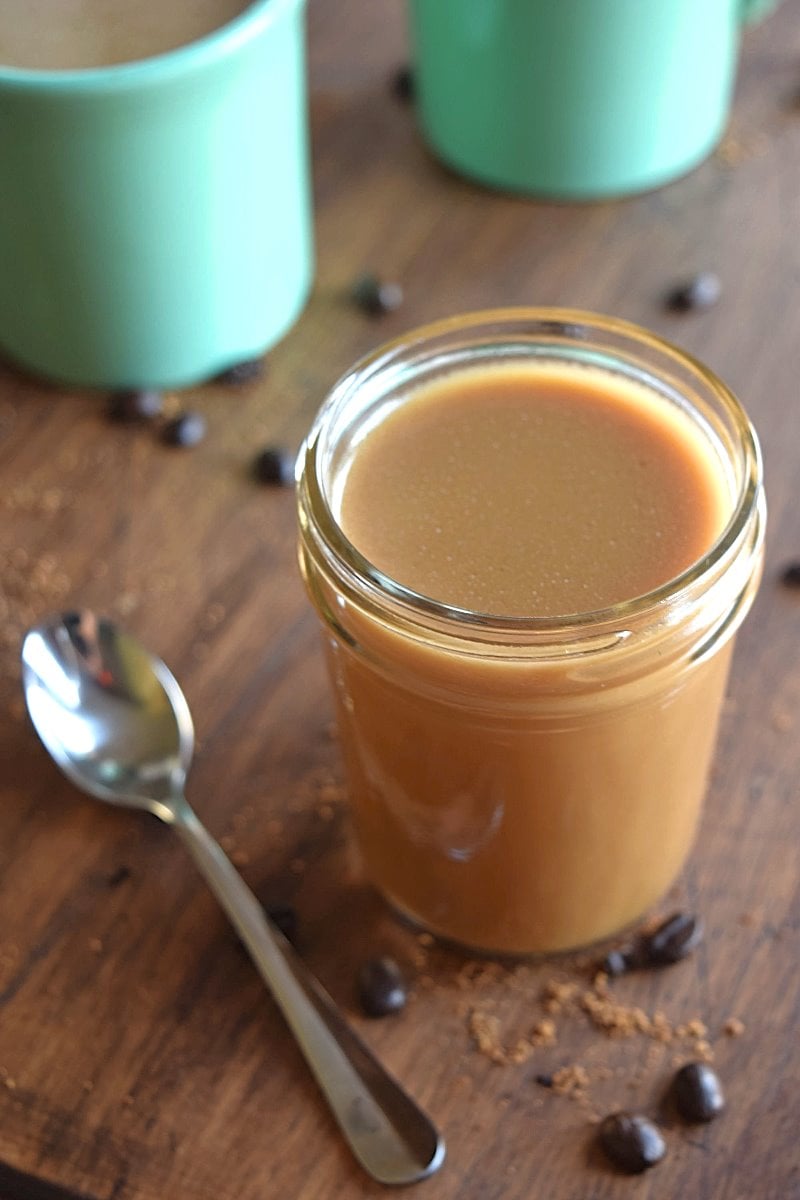A jar of freshly made coconut caramel coffee