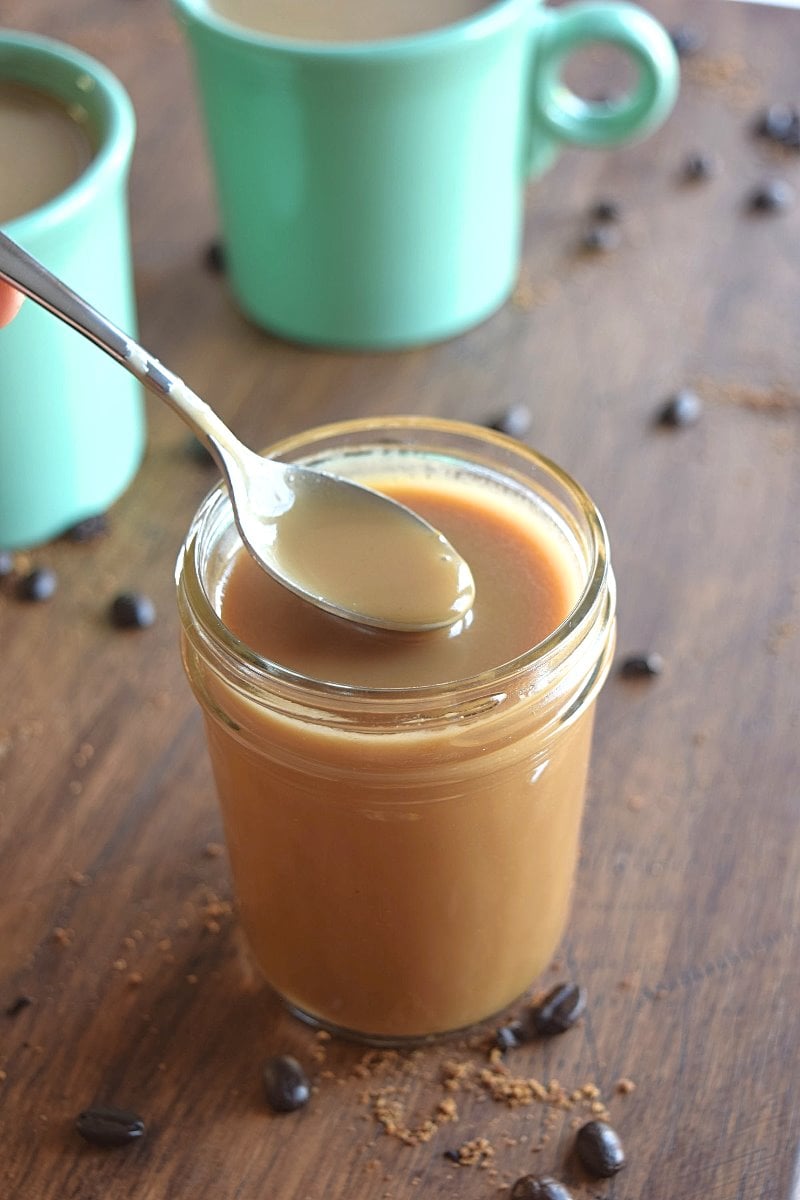 A spoonful of coconut caramel coffee creamer.