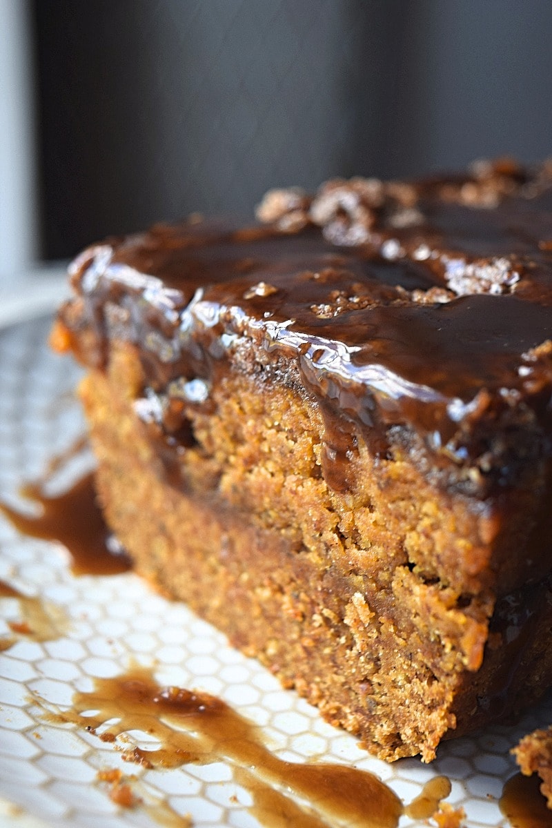 A close up of a slice of gluten free paleo pumpkin cake