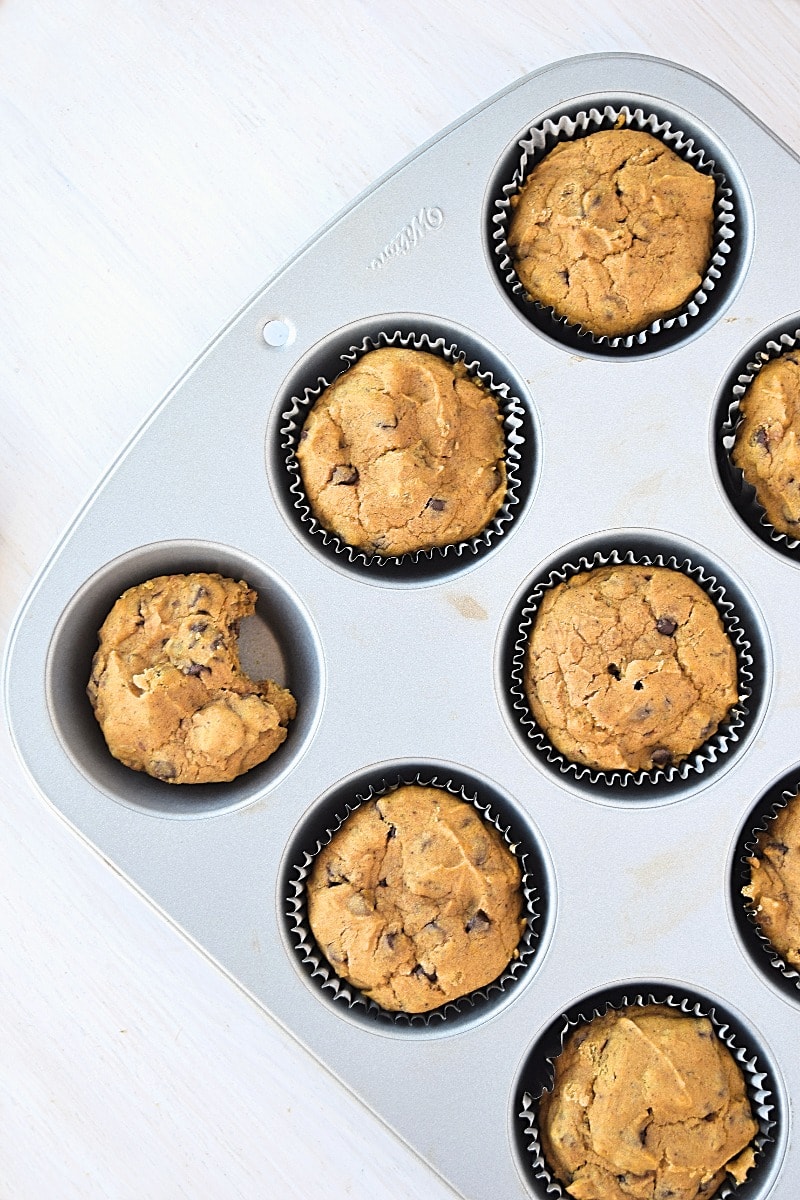 Top-down view of gluten free pumpkin chocolate chip muffins in a tin.