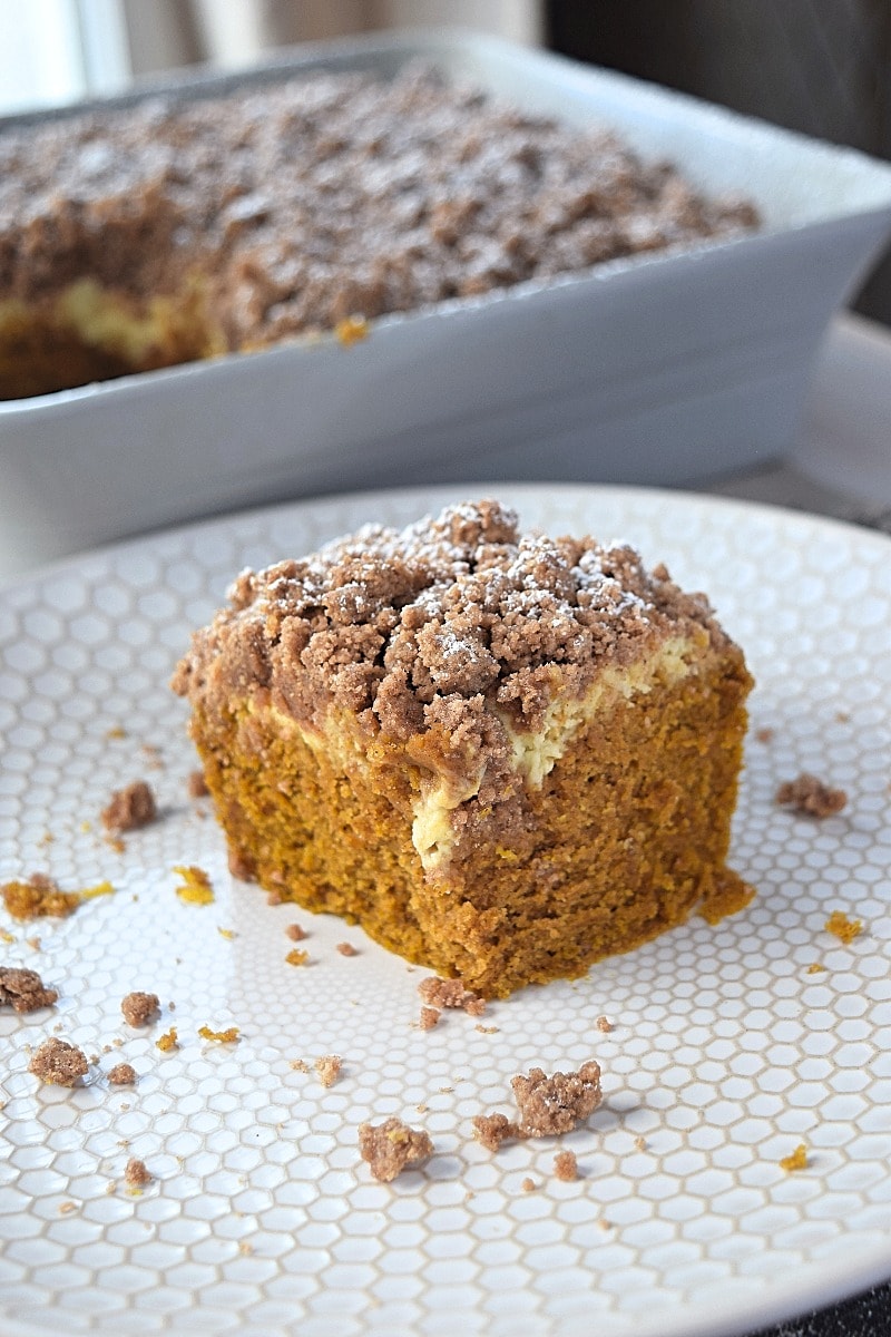 Cover image for pumpkin coffee cake post. Features a single piece of cake sitting in the middle of a white plate.