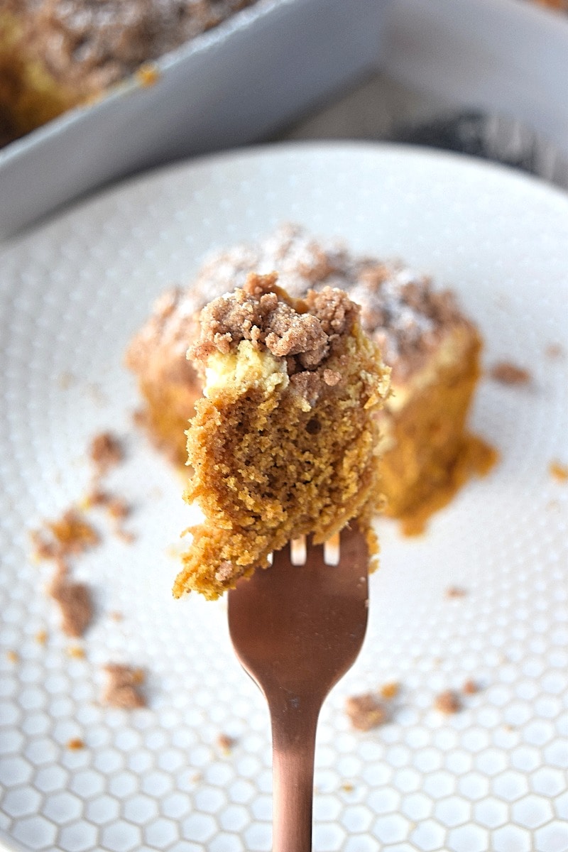 A forkful of pumpkin coffee cake