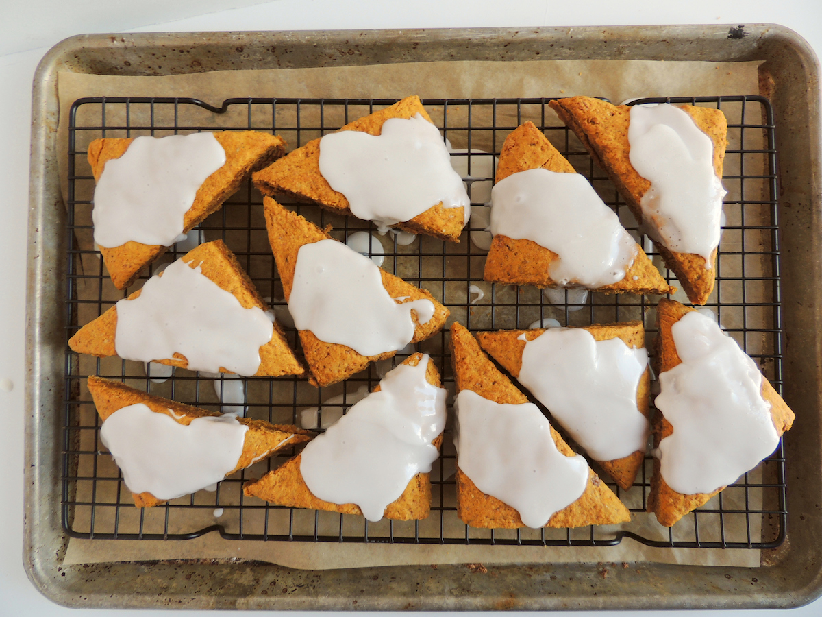 Finished tray of gluten free pumpkin scones.