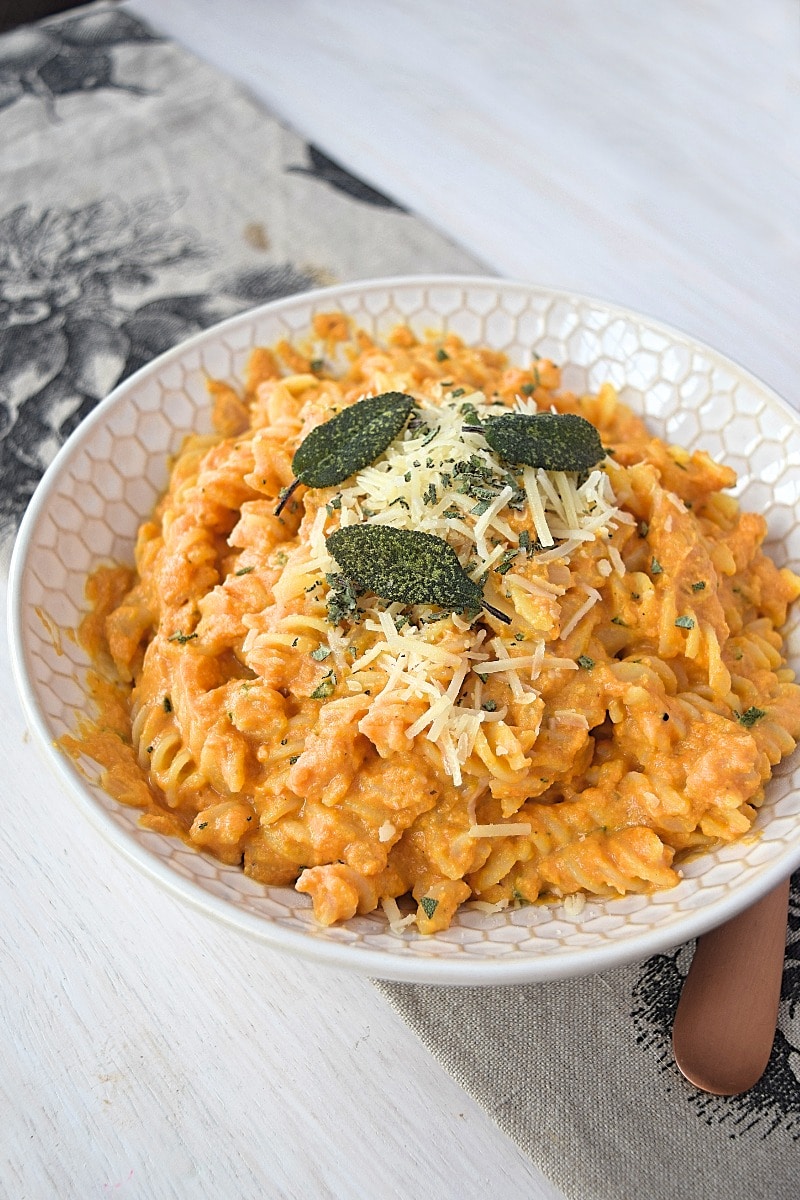 A freshly made bowl of pumpkin sage pasta. This is the cover image for the blog post.