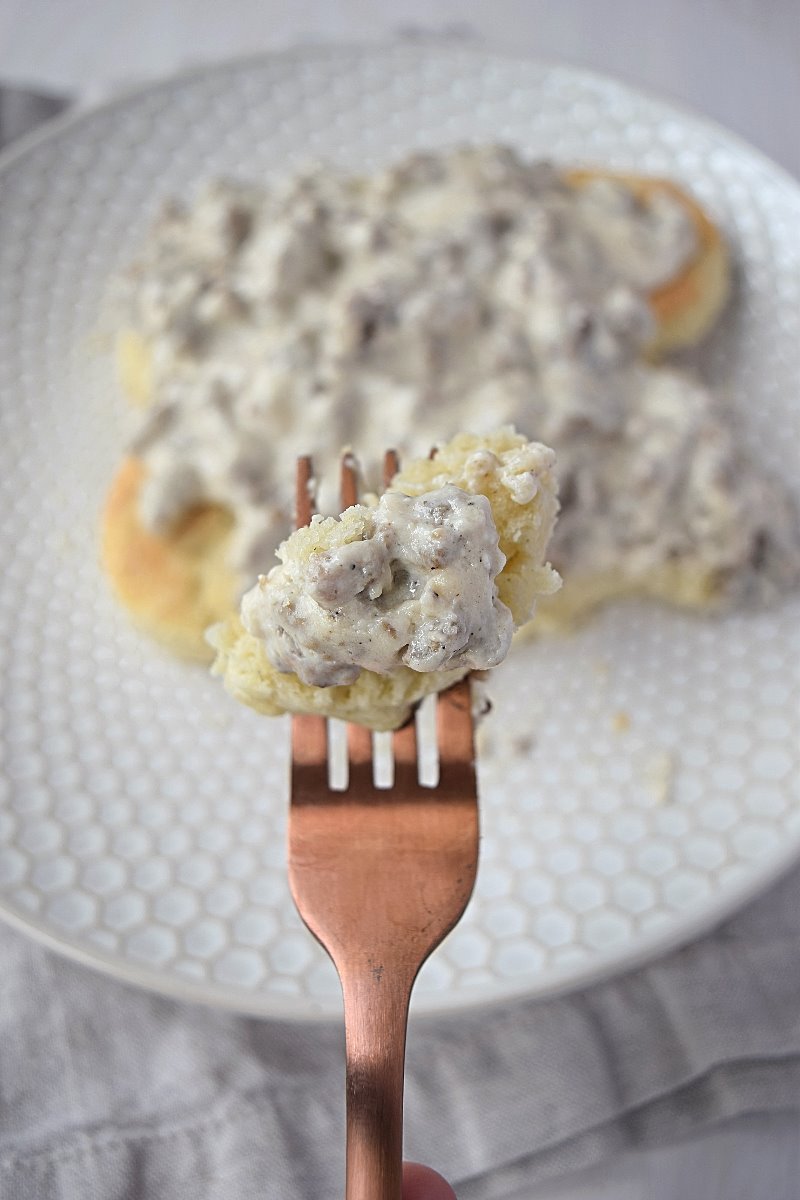 A forkful of biscuits and gravy
