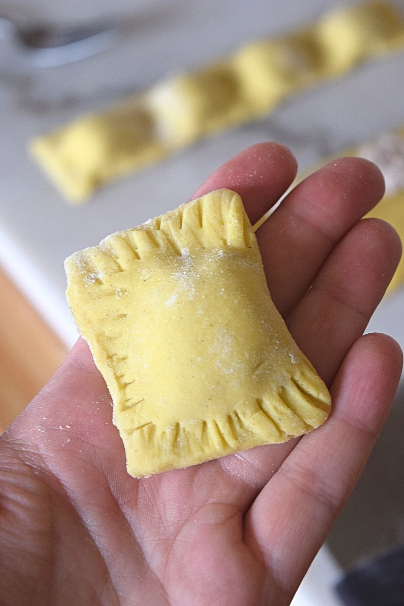 A fresh piece of ravioli