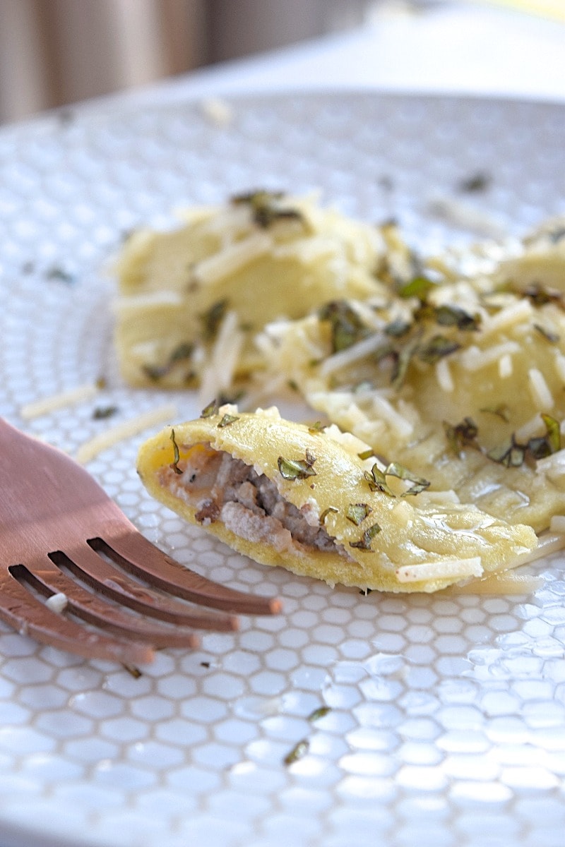 A piece of ravioli cut open
