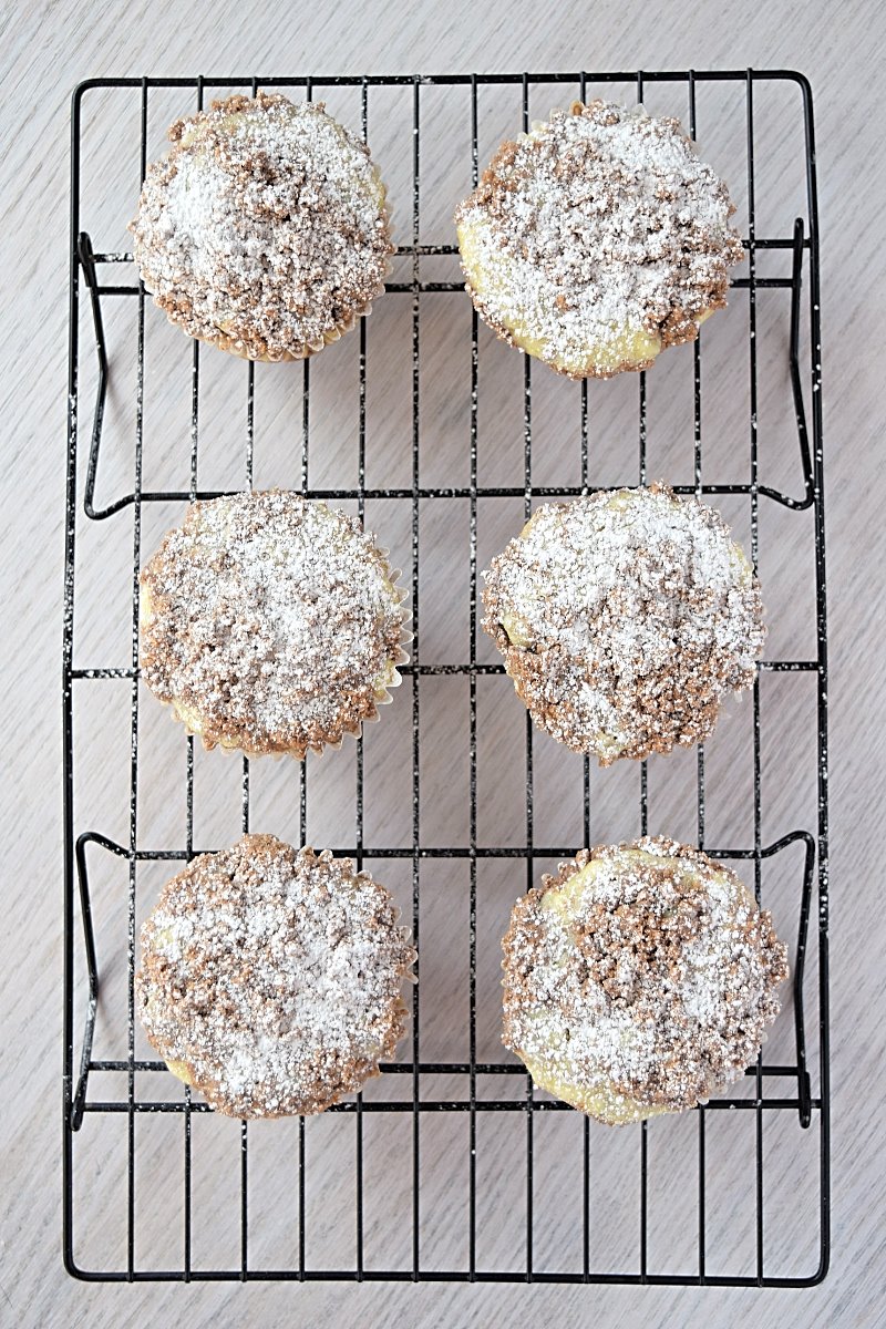 Cover image of gluten free coffee cakes. Features a top view of 6 cakes cooling.