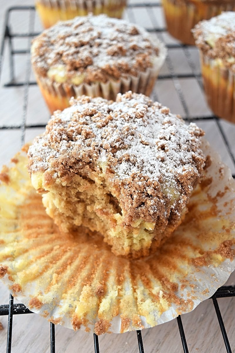 Gluten free coffee cake with a bite taken out of it
