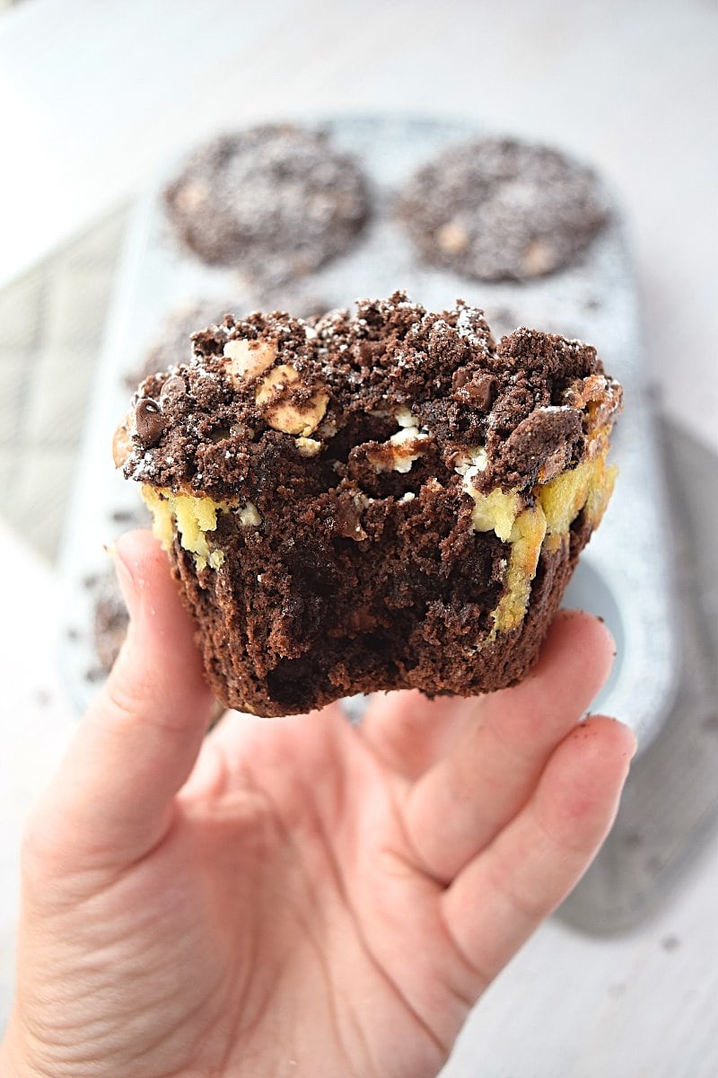 Chocolate muffin gluten free with a bite taken out of it
