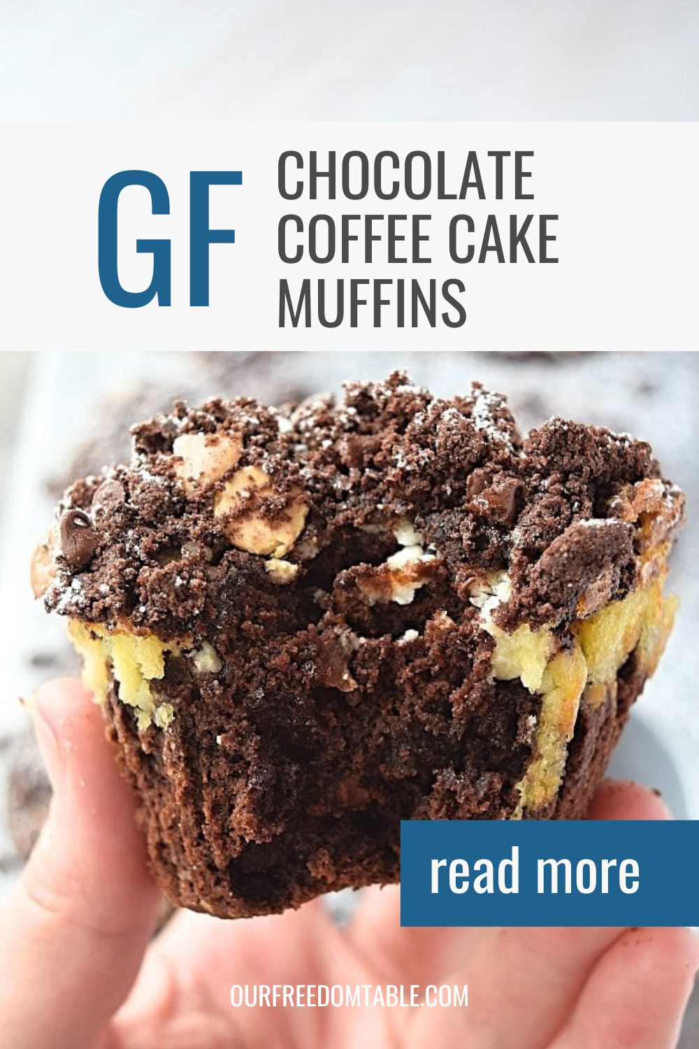 Pin image for the chocolate coffee cake muffin with a bite taken out of it