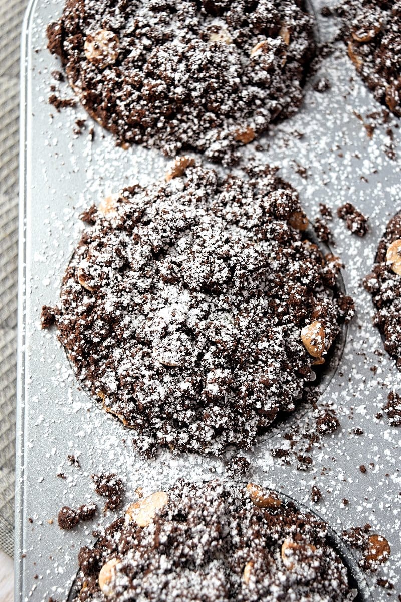 Chocolate muffin overhead close up in the tins