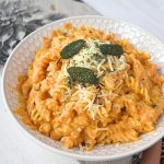 A freshly made bowl of pumpkin sage pasta. This is the cover image for the blog post.