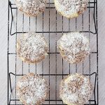 Cover image of gluten free coffee cakes. Features a top view of 6 cakes cooling.