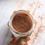 Blog post cover image for the pumpkin pie spice article. Features an above view of a jar of finished homemade pumpkin spice.