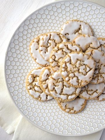 An overhead plate of old fashioned oatmeal cookies.