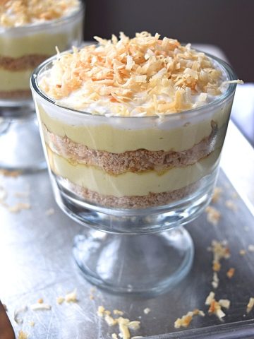 Side shot of paleo custard sitting on a metal tray